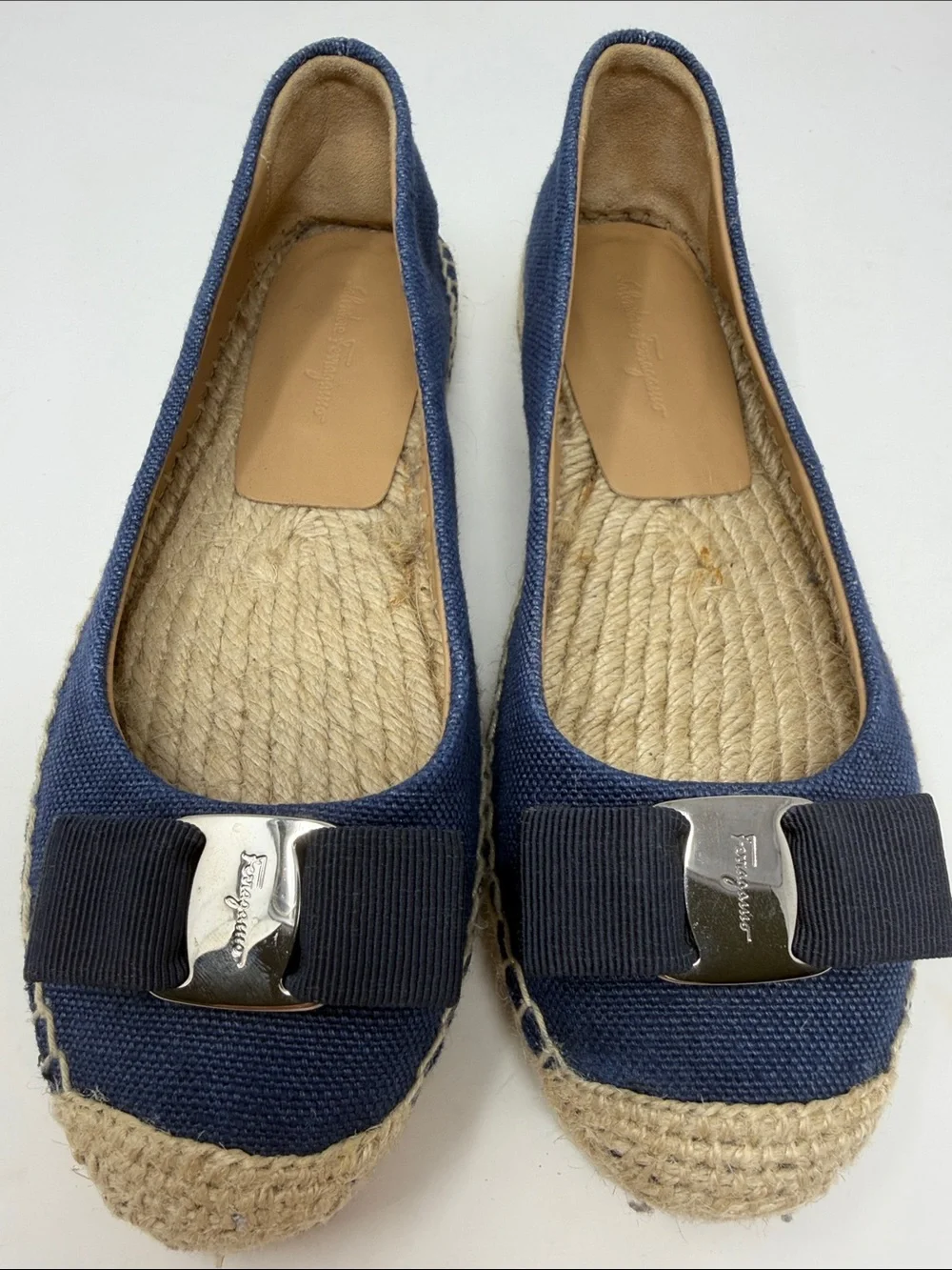 Salvadore Ferragamo Navy Canvas Espadrille Flats with Bow Accent Size 8